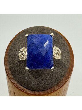 VTG Solid Sterling Silver 925 Lapis Lazuli CZ Accents Prong Set Ring Size 7